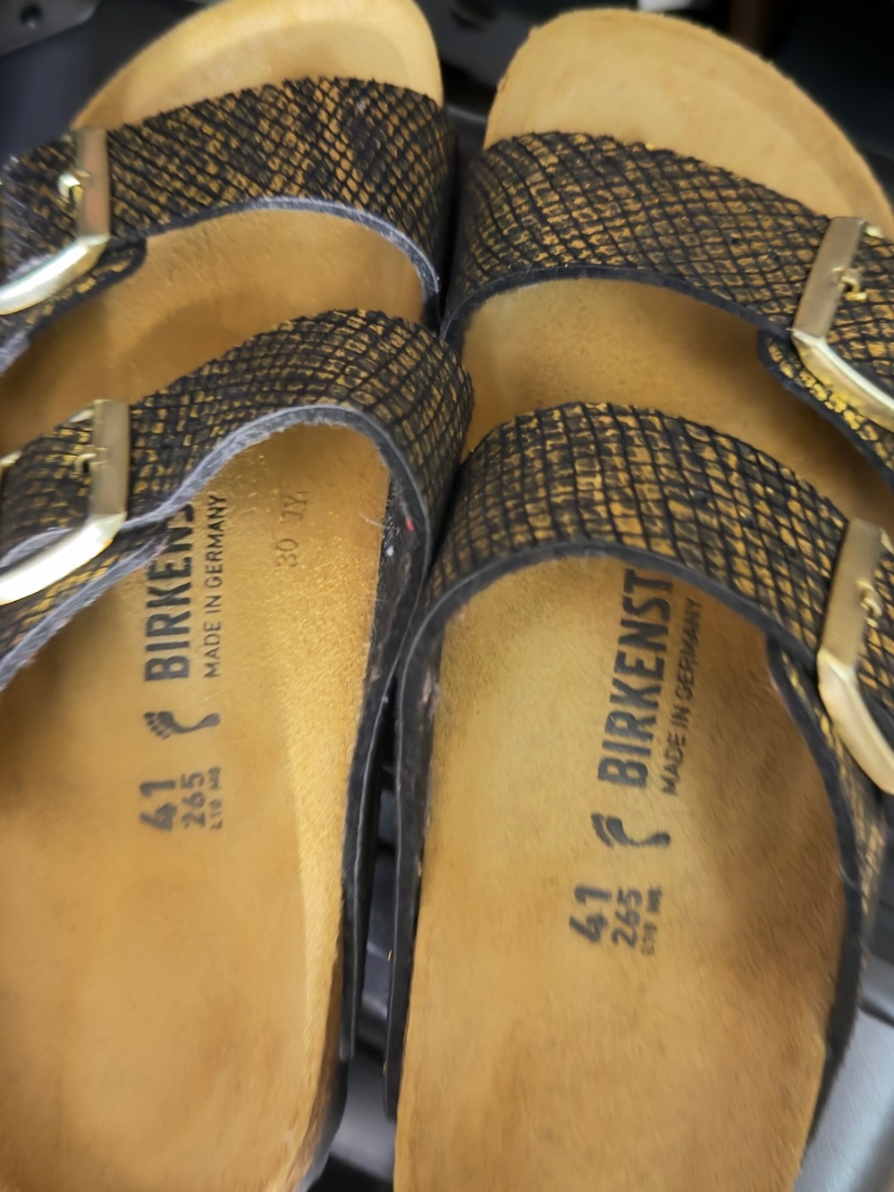 Birkenstock Brown Textured Double Strap Sandals with Gold Buckles